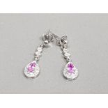 9CT WHITE GOLD PINK STONE AND DIAMOND DROP EARRINGS FEATURING A PEAR SHAPED PINK STONE SURROUNDED BY