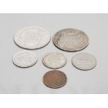 2 EDWARDIAN SILVER INDIAN RUPEES 1907 AND 2 SLIVER 1/4 RUPEES 1940 AND 1943 PLUS 1 1/4 1946 AND 1885