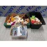 2 BOXES OF SOFT TOYS TOGETHER WITH A BOX OF CRAFT PATCHES