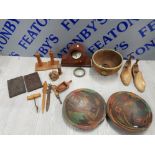 INTERESTING MIX LOT OF WOODEN ITEMS INCLUDING 2 ORIENTAL BOWLS, VINTAGE TOOLS AND A MAHOGANY