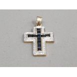 9CT YELLOW GOLD SAPPHIRE AND DIAMOND CROSS 2.1G GROSS