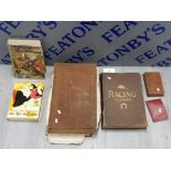 6 HARD BACK VINTAGE BOOKS INCLUDES LARGE BIBLE, RACING ILLUSTRATED AND ALICE IN WONDERLAND ETC