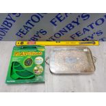 MIXED ITEMS INCLUDING FLAT 50 FOOT HOSE, MULTIPURPOSE SPIRIT LEVEL AND WHITE METAL SERVING TRAY