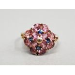 9CT CLUSTER RING FEATURING OVAL PINK STONES SET WITH 4 BLUE STONES SET INBETWEEN ALL STONES ARE CLAW