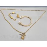 GOLD PLATED FIGARO CURB NECKLET WITH T BAR AND SEAL ATTACHED GOLD PLATED TOUCH BALL AND LINK