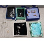 4 SILVER NECKLACES AND PENDANTS, SILVER EARRINGS, SILVER KIDS BANGLE AND A SILVER RELIGIOUS PENDANT