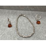 LADIES SILVER ORNATE TWIST BRACELET WITH SILVER AMBER DROP EARRINGS