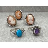 5 LADIES SILVER RINGS INCLUDING CAMEO