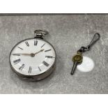 GENTS HALLMARKED SILVER POCKET WATCH WHITE DIAL BLACK ROMAN NUMERALS AND KEY 110G