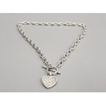 16 INCH HALLMARKED SILVER ALBERT TYPE CHAIN WITH T BAR AND HEART SHAPED DEVICE MARKED 925 AND INLAID