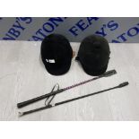 2 HORSE RIDING HELMETS SIZE 56 AND 2 WHIPS