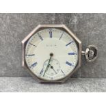 SILVER ELGIN POCKET WATCH WITH BLUE MARKERS AND HREEN HANDS