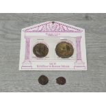 2 ROMAN REPRODUCTION COINS ON CARD PLUS 2 ORIGINAL ROMAN COINS CLEAR PORTRAIT