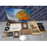 COLLECTION OF MIXED ITEMS INCLUDES FRAMED PRINTS, 2 FRAMED RESIN FACES, CANVAS OF A SUN LADY AND