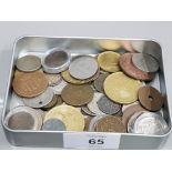TIN OF FOREIGN COINS SOME SILVER