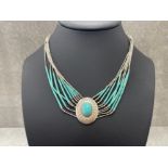 LADIES SILVER TURQUOISE ORNATE NECKLACE FEATURING SILVER STANDS WITH BEAUTIFUL SILVER TURQUOISE