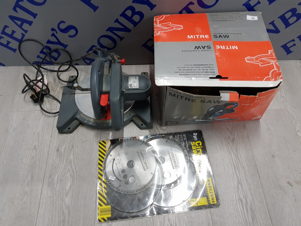 MITRE SAW 190 MM COMPOUND IN BOX WITH 2 PACK OF CIRCULAR SAW BLADES