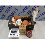 BOX OF MISCELLANEOUS ITEMS TO INCLUDE ORCHID DESIGNS CHINA, LIMOGES, LADY DIANA PORCELAIN FIGURE