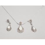 SILVER PEAR SHAPED ORNATE DROP EARRINGS WITH MATCHING PENDANT 10.4G GROSS