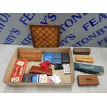 BOX OF VINTAGE GAMES INCLUDING DOMINOES, DRAFTS BOARD AND CARDS ETC