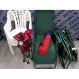 4 RECLINING GARDEN CHAIRS, 4 WHITE PLASTIC CHAIRS AND 2 CAMPING CHAIRS