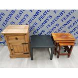 MEXICAN PINE 1 DRAW OVER 1 DOOR UNIT, SMALL BLACK TABLE AND NEST OF 3 TABLES