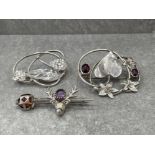 3 SILVER ORNATE BROOCHES 2 SET WITH STONES 20.7G