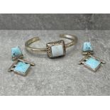 SILVER TORQUE BANGLE WITH SQUARE STONE AND ORNATE EARRINGS SET WITH BLUE STONES
