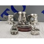 MISCELLANEOUS PEWTER ITEMS TO INCLUDE 3 JUG MEASURES 2 TRINKETS ETC