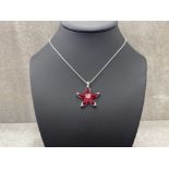 LADIES SILVER BELCHER CHAIN WITH RED STONE FLOWER PENDANT