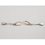 9CT YELLOW GOLD ORNATE DROP EARRINGS SET WITH PEAR SHAPED AMETHYST AND 2 OPALS WITH HINGE CATCHES