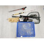 2 FISHING RODS ONE OF WHICH MILBRO WITH REEL, NET AND BAIT BOX WITH CONTENT