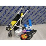 MIXED ITEMS INCLUDING PRAM, STEPPER, GUITAR HERO, METAL MAKEUP BOX AND A WRIST EXERCISER BY PURPLE