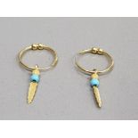 GOLD SMALL HOOPS SET WITH LEAF DESIGN DROP SET WITH A TURQUOISE AND GOLD FROSTED BEADS 1G GROSS