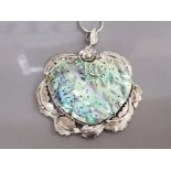 SLIVER PENDANT WITH HEART SHAPED ABALONE SHELL ON METAL NECKLACE 28.4 GRAMS GROSS