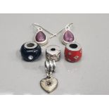 A PAIR OF SILVER STONE SET DROP EARRINGS PLUS 3 CHARMS AND A PENDANT 13.9G GROSS