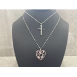 SILVER HEART PENDANT WITH CZ STONES ON A FINE CURB CHAIN AND SILVER CROSS PENDANT