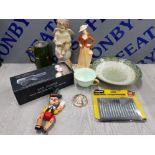 A BOX OF MISCELLANEOUS ITEMS INCLUDES CHERUB FIGURE LARGE LEONARDO FIGURE TANKARD WITH PEWTER LID