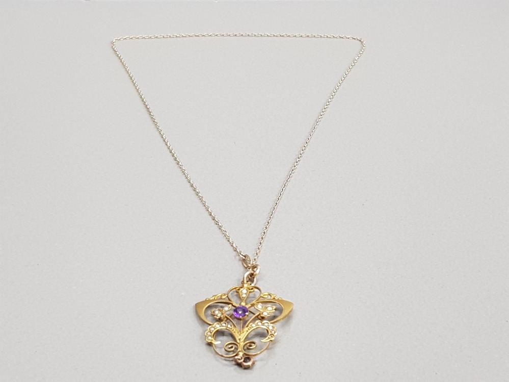 9CT YELLOW GOLD ORNATE STYLE PENDANT SET WITH AMETHYST AND PEARLS COMPLETE WITH FINE BELCHER CHAIN