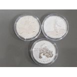 3 CANADIAN 20 DOLLAR PURE SILVER XMAS COINS, 2012, 2013, AND 2014 IN CAPSULES