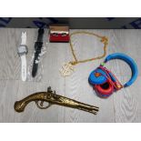 MIXED ITEMS INCLUDING COSTUME JEWELLERY DOLLAR NECKLACE, CUFFLINKS, 2 WATCHES, A PAIR OF SUPERMAN