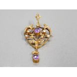 9CT YELLOW GOLD FANCY ORNATE STYLE BROOCH PENDANT SET WITH TWO OVAL AMETHYST STONES AND PEARL'S 3.6G