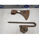 LARGE ANTIQUE LOCK AND KEY WITH AXE HEAD