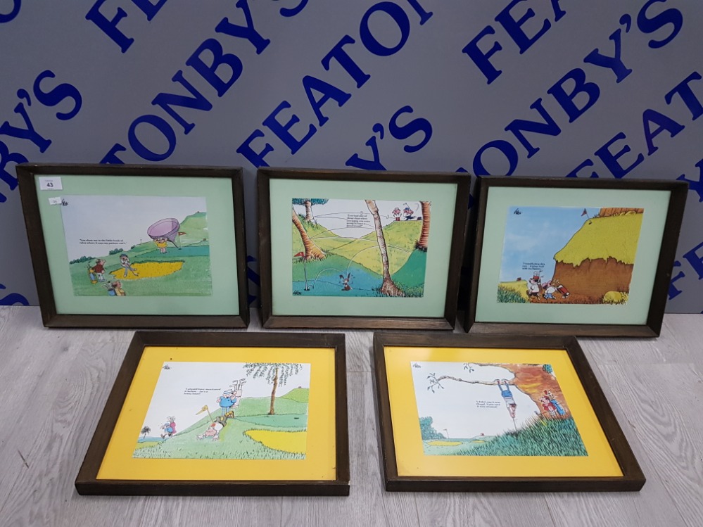 5 FRAMED PRINTS OF GOLFING HUMOUROUS SCENES SIGNED BY TREN