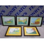 5 FRAMED PRINTS OF GOLFING HUMOUROUS SCENES SIGNED BY TREN