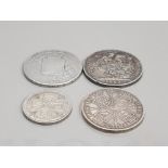 ASSORTED SILVER COINS TO INCLUDE 1X FLORIN 2X 5 SHILLING 1X 4 SHILLING