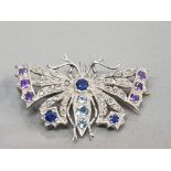 BUTTERFLY BROOCH SET WITH WHITE AND COLOURED STONES INCLUDES SAPPHIRES AQUA MARINE DIAMONDS AND