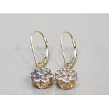 9CT YELLOW GOLD FLOWER CLUSTER DROP EARRINGS SET WITH COLOURED STONES 2.3G GROSS