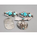 3 SILVER ITEMS TO INCLUDE PAIR OF SILVER ORNATE TURQUOISE EARRINGS SILVER DOG TAG AND COWBOY HAT