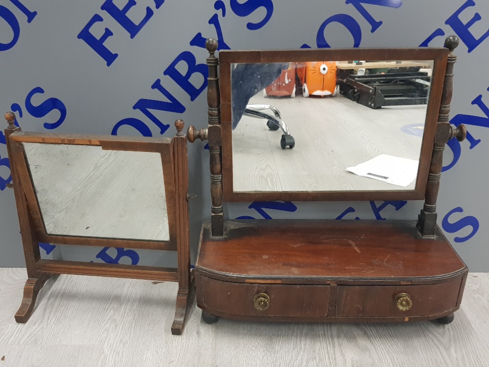 2 ANTIQUE DRESSING MIRRORS ONE IN MAHOGANY WITH 2 DRAWERS